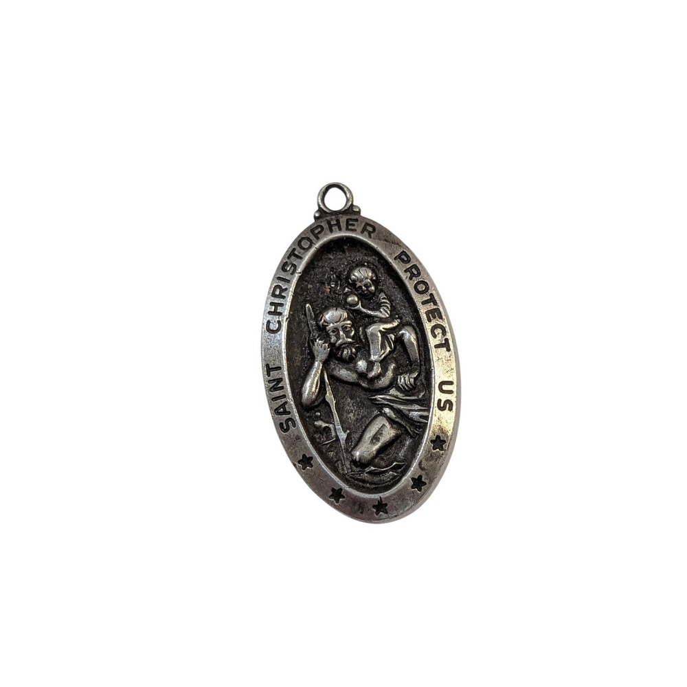 Vintage CF Sterling Silver Saint Christopher Protect Us Medal Oval Pendant